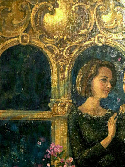 Oil painting of girl in greenhouse by Oksana Osnach in ornate golden frame