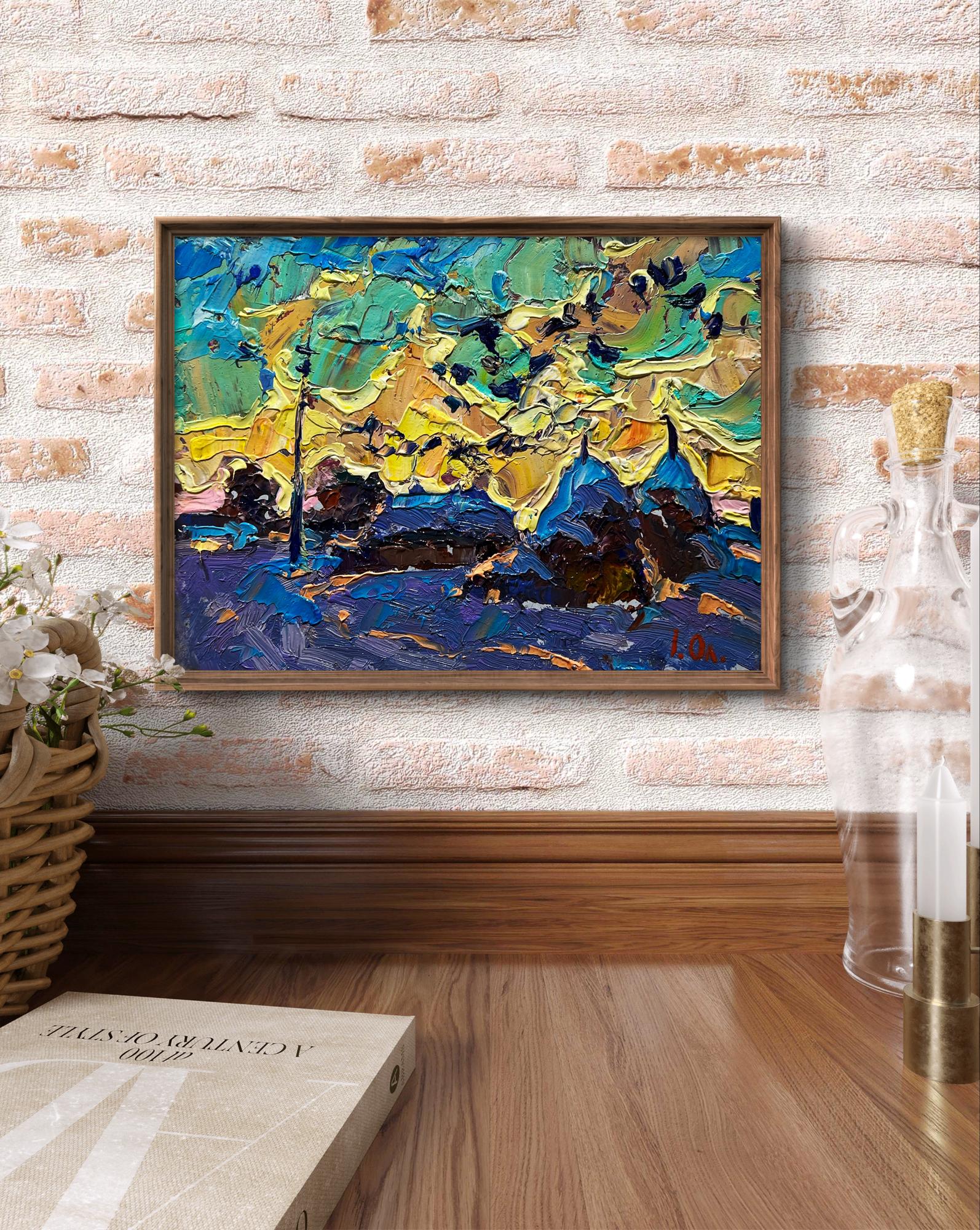 Vibrant oil painting Crows in the evening by Oleksiy Ivanyuk in rustic frame