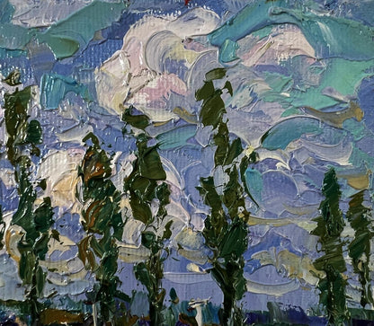 Oil painting Clouds over the village by Oksana Ivanyuk with green trees and swirling sky