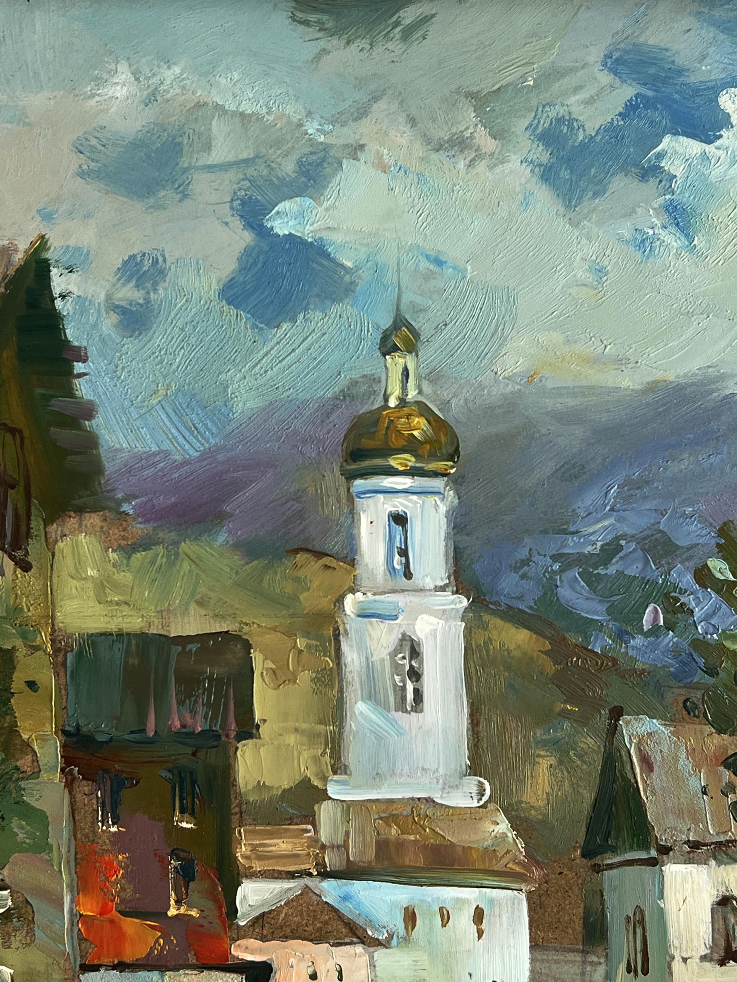 Impressionistic oil painting of white bell tower with golden dome by Yuriy Suprunchuk