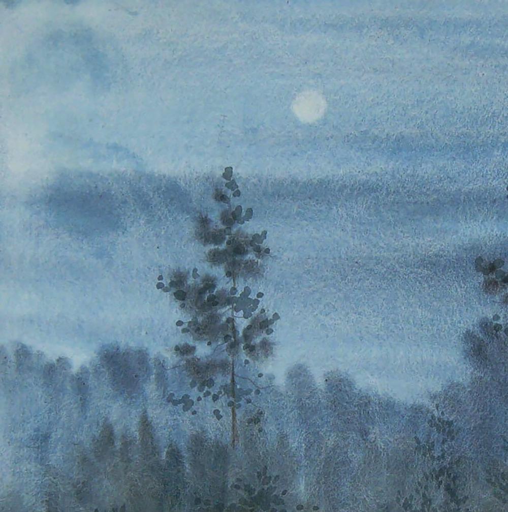 Watercolor painting of solitary pine tree under moonlit misty blue sky by Valery Savenets