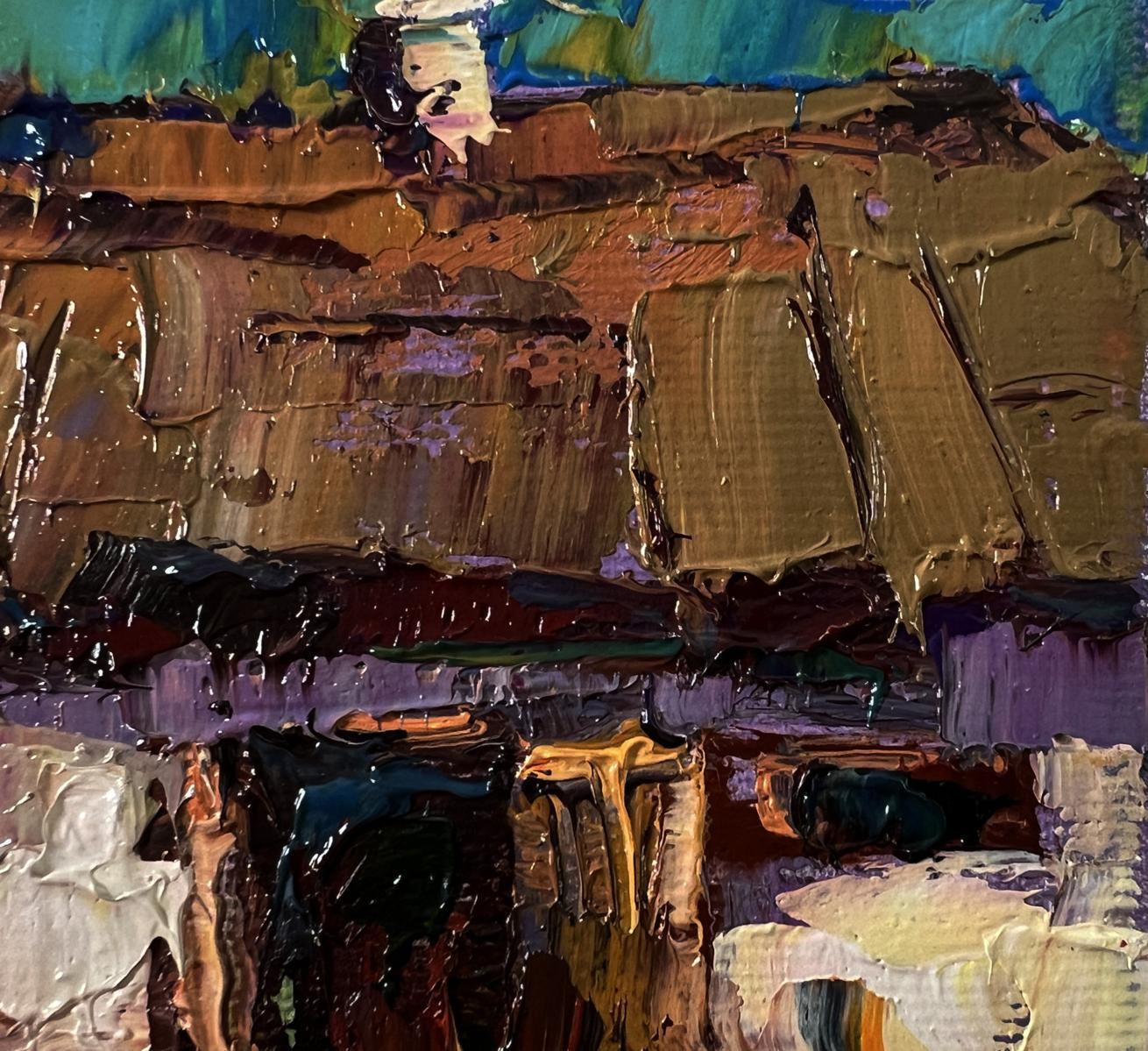 Oil painting Quiet village days by Oksana Ivanyuk abstract expressionist brown purple teal