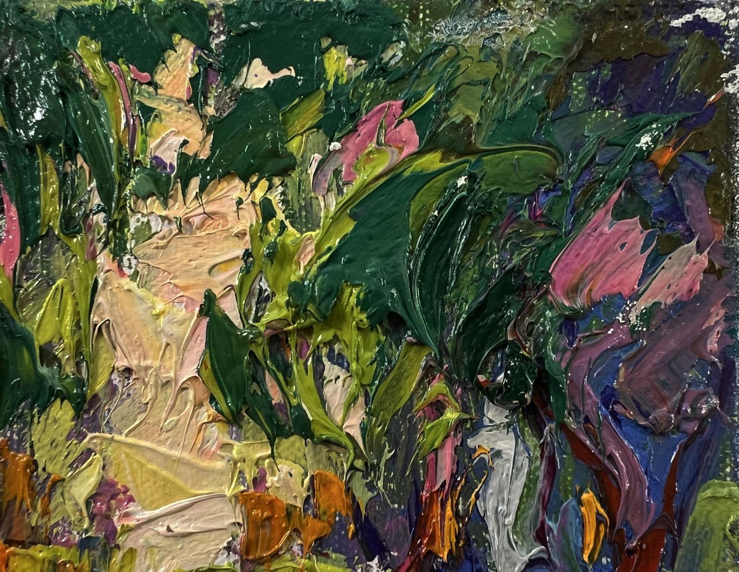 Vibrant Walk in the Park oil painting by Oleksiy Ivanyuk with textured green, pink tones