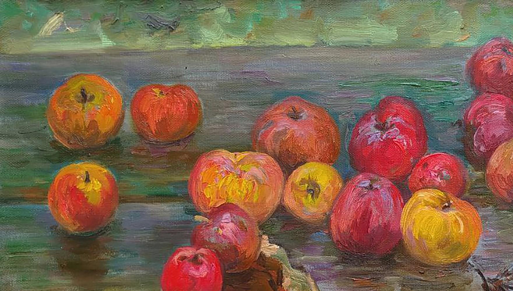 Oil painting Apples after the rain by Leonid Pavlenko vibrant red apples on green surface
