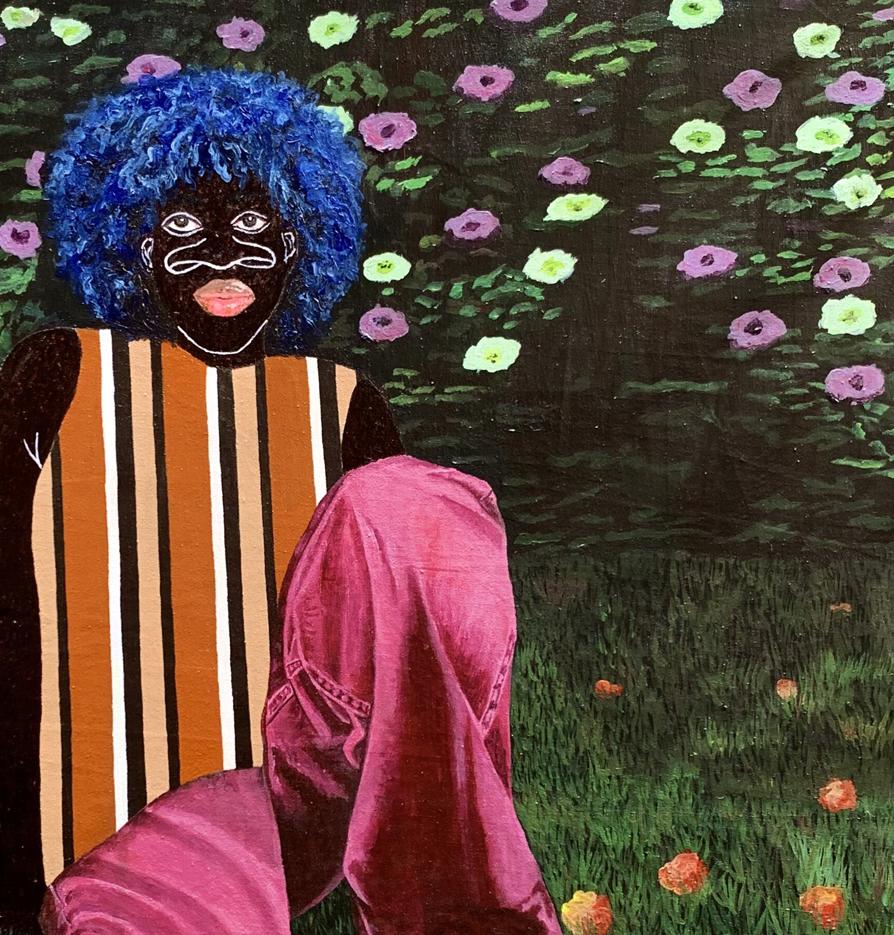 Vibrant acrylic painting Among Petals and Grass by Akintomide Akinshola with blue afro figure
