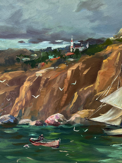 Oil painting of red rowboat by Yuriy Suprunchuk, stormy coastal cliffs