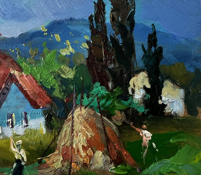 Oil painting of village near mountains by Yuriy Suprunchuk