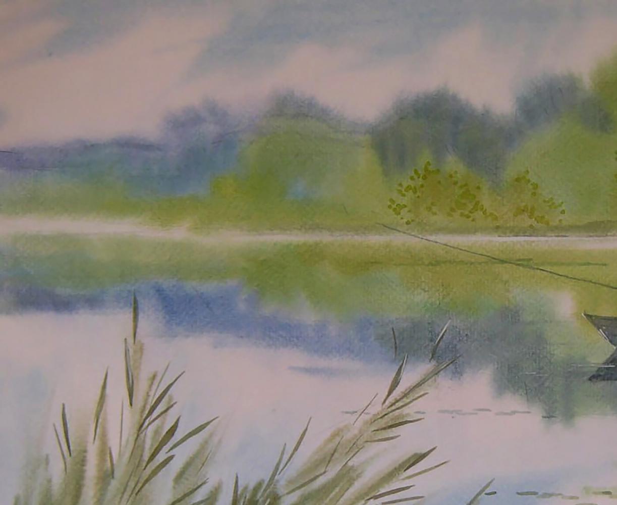 Watercolor painting of early morning fishing on tranquil lake by Valery Savenets