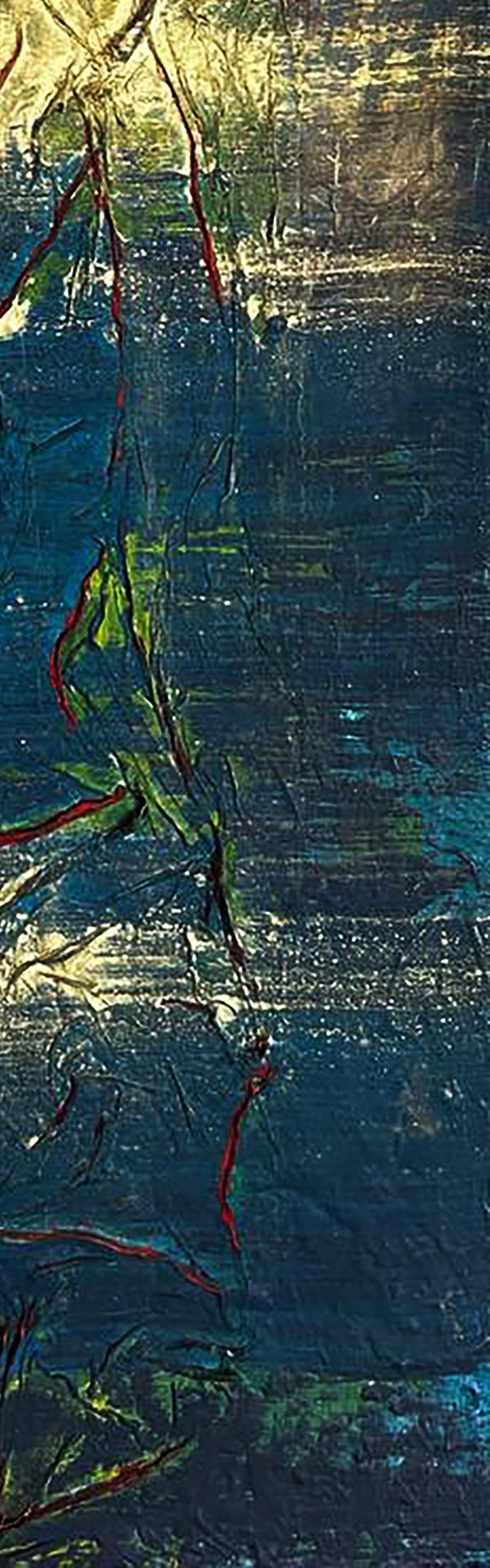 Abstract Night Adventure painting by Olga Melezhik with blue teal gold and red streaks