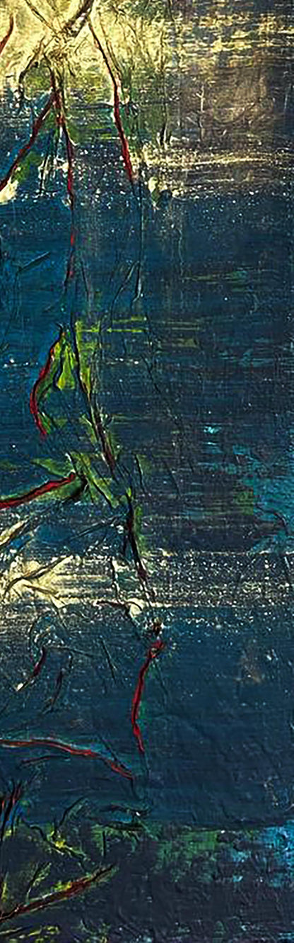 Abstract Night Adventure painting by Olga Melezhik with blue teal gold and red streaks