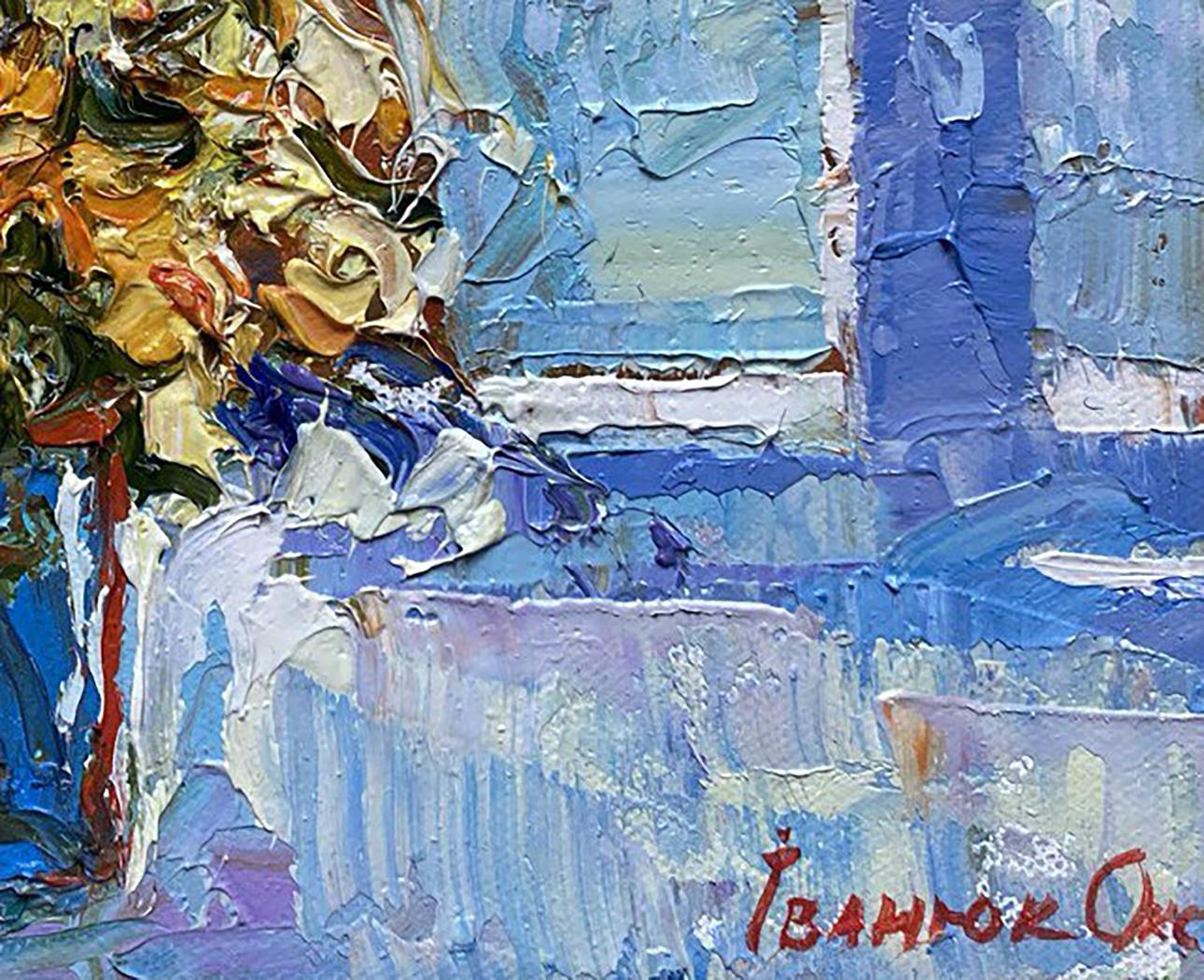 Vibrant Spring flowers oil painting by Oksana Ivanyuk with textured yellow orange blooms on blue backdrop