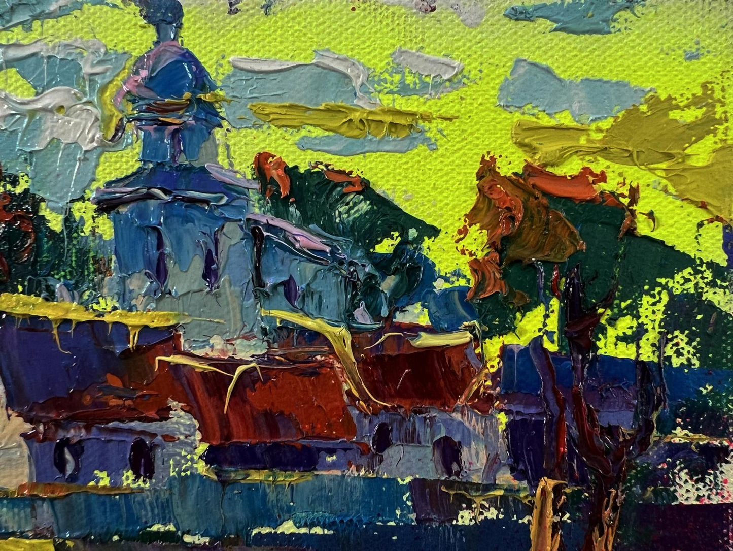 Vibrant impressionist oil painting The sun greets in the morning by Oksana Ivanyuk