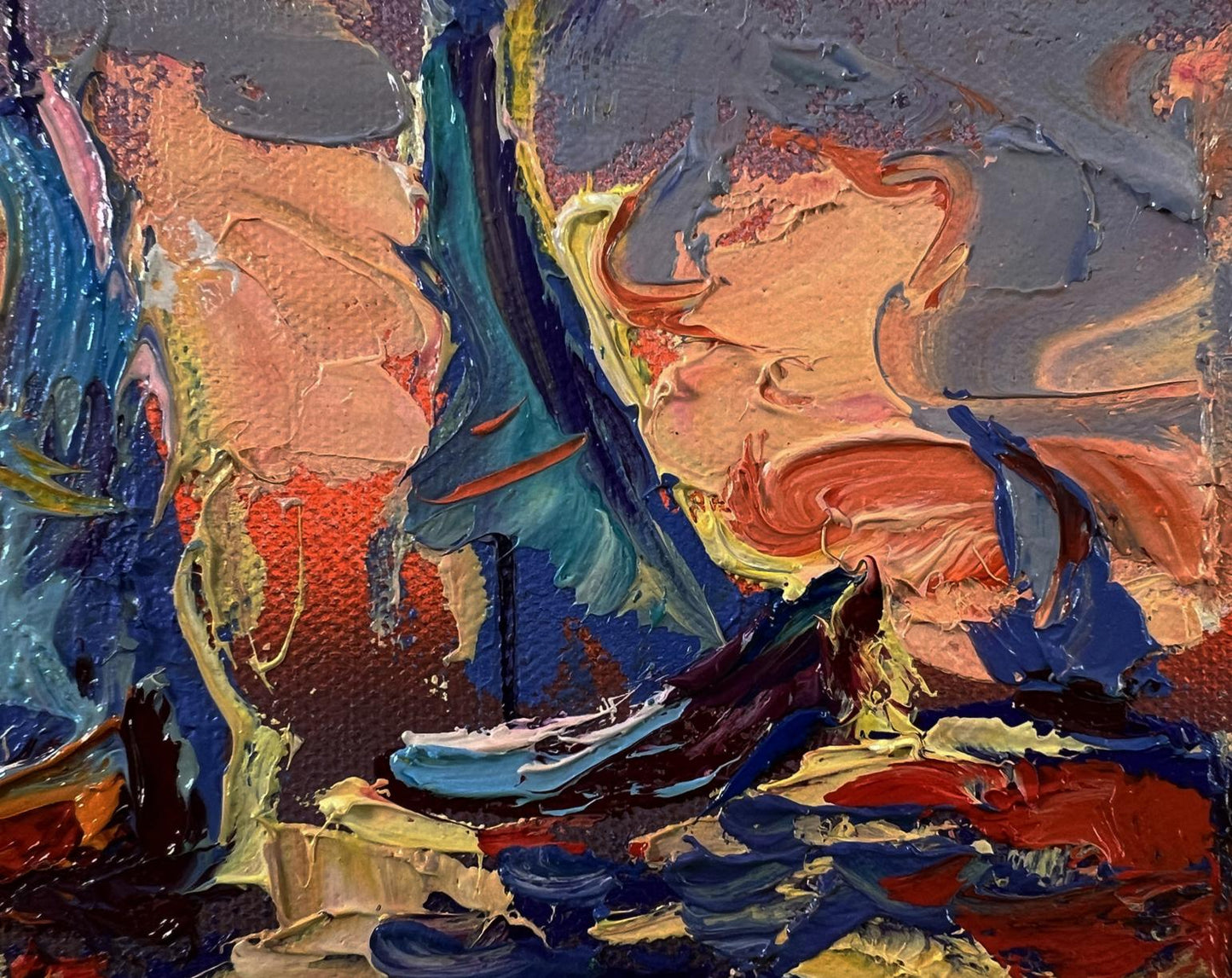 Vibrant sailboats and orange sunset oil painting by Oleksiy Ivanyuk
