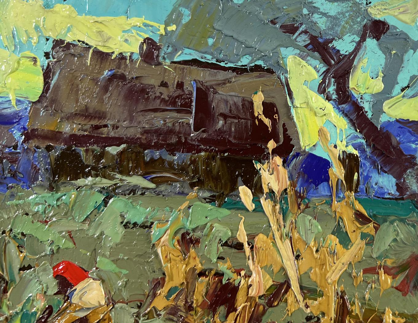 Oil painting The land that gives generosity by Oleksiy Ivanyuk train car scene