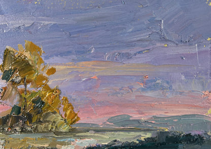 Oil painting of golden tree by Boris Serdyuk, purple pink sky