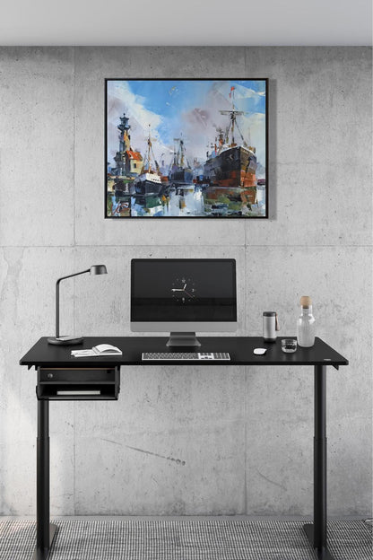 Black adjustable height desk with drawer in Volodymyr Gluhomanyuk lighthouse oil painting