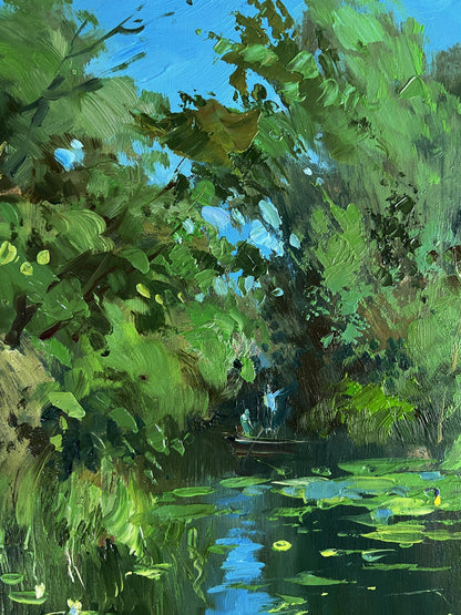 Vibrant impressionist oil painting of Yuriy Suprunchuk forest summer lake with river foliage lily pads