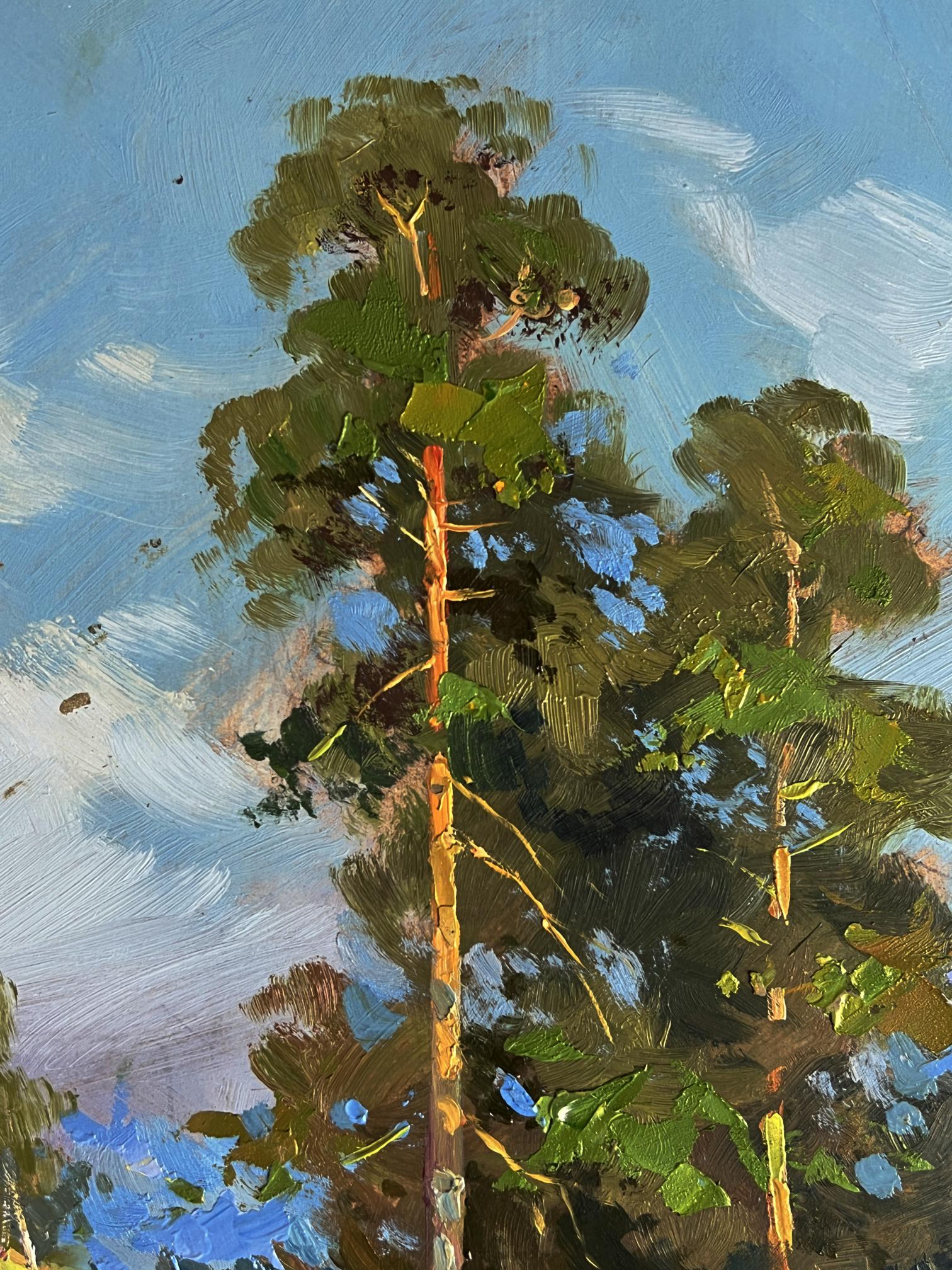 Oil painting of tall pine tree by Yuriy Suprunchuk with cows in nature