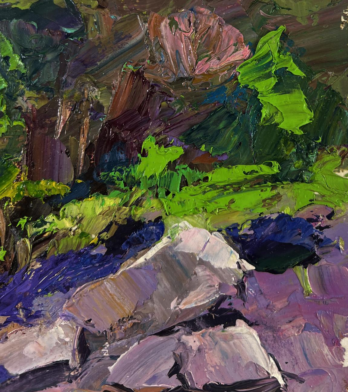 Vibrant impressionist oil painting of mountain river descending through forest by Boris Serdyuk