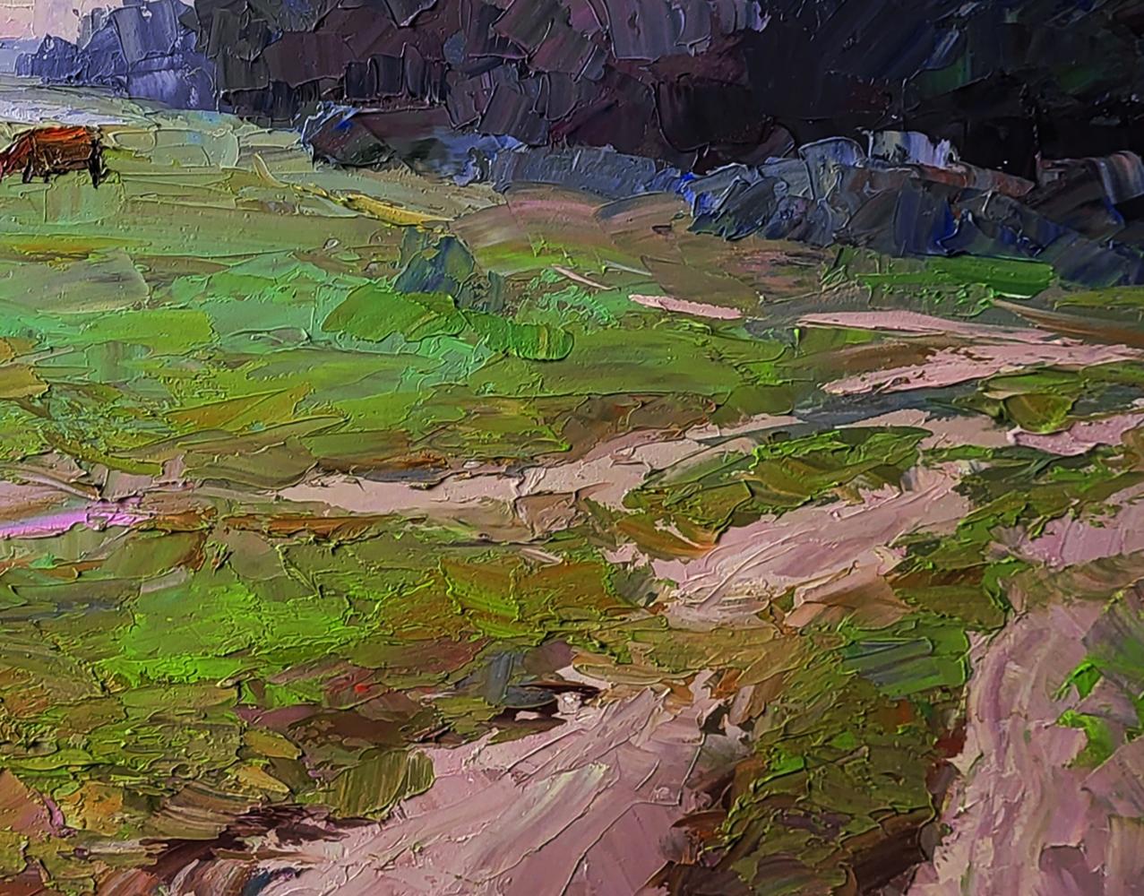 Oil painting Cows in the field by Boris Serdyuk with green fields and cliff