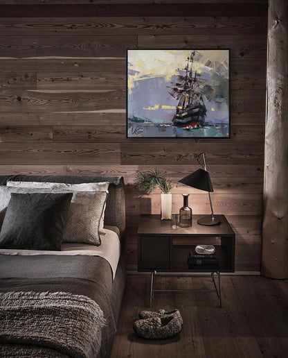 Framed Ghost Ship oil painting by Volodymyr Gluhomanyuk in muted blues