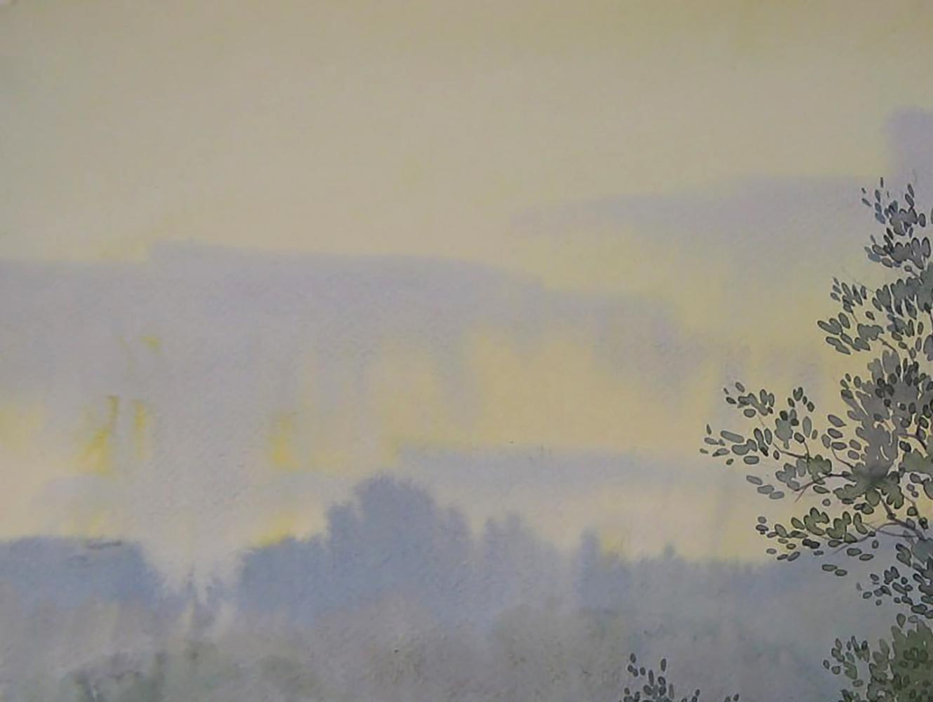 Watercolor painting Morning in nature by Valery Savenets misty hills