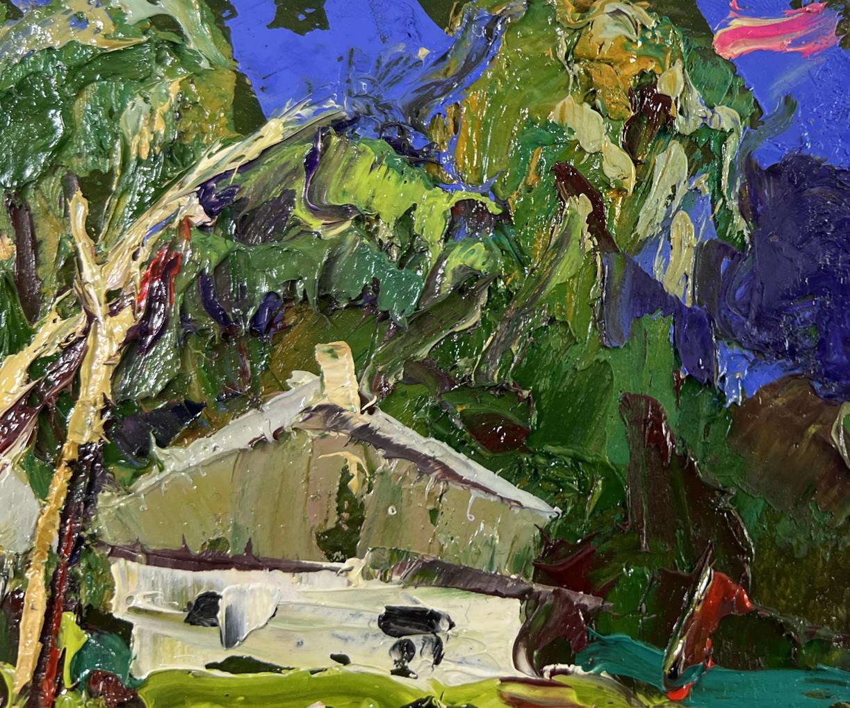 Oil painting Conversation in the embrace of silence by Oleksiy Ivanyuk: white textured house among lush greenery