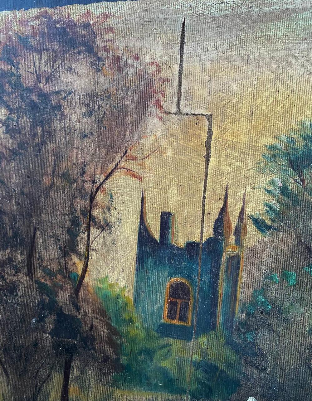 Oil painting Near the Monastery: vintage tapestry of blue castle in trees