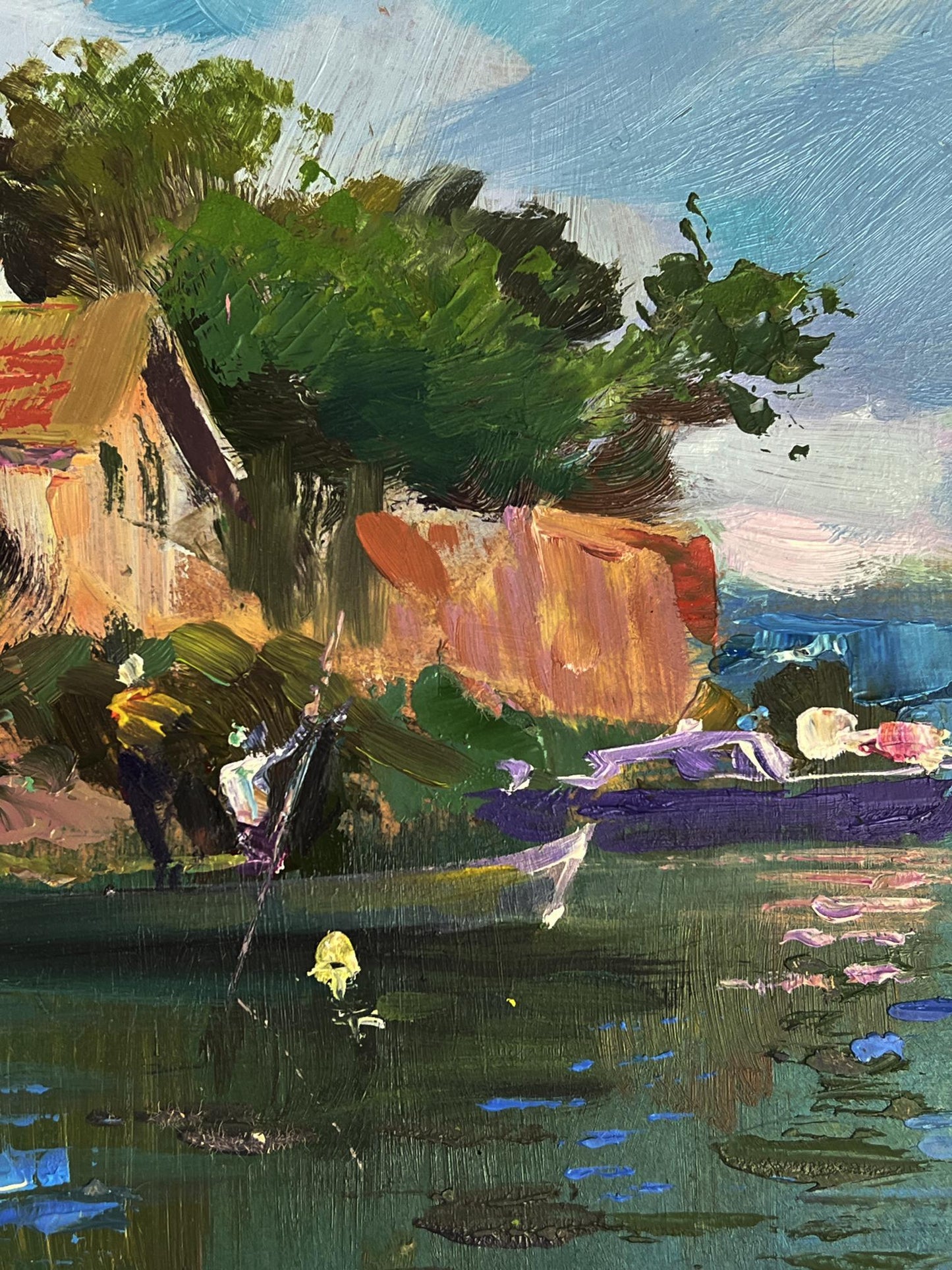 Vibrant impressionist oil painting by Yuriy Suprunchuk: boats near lakeside house