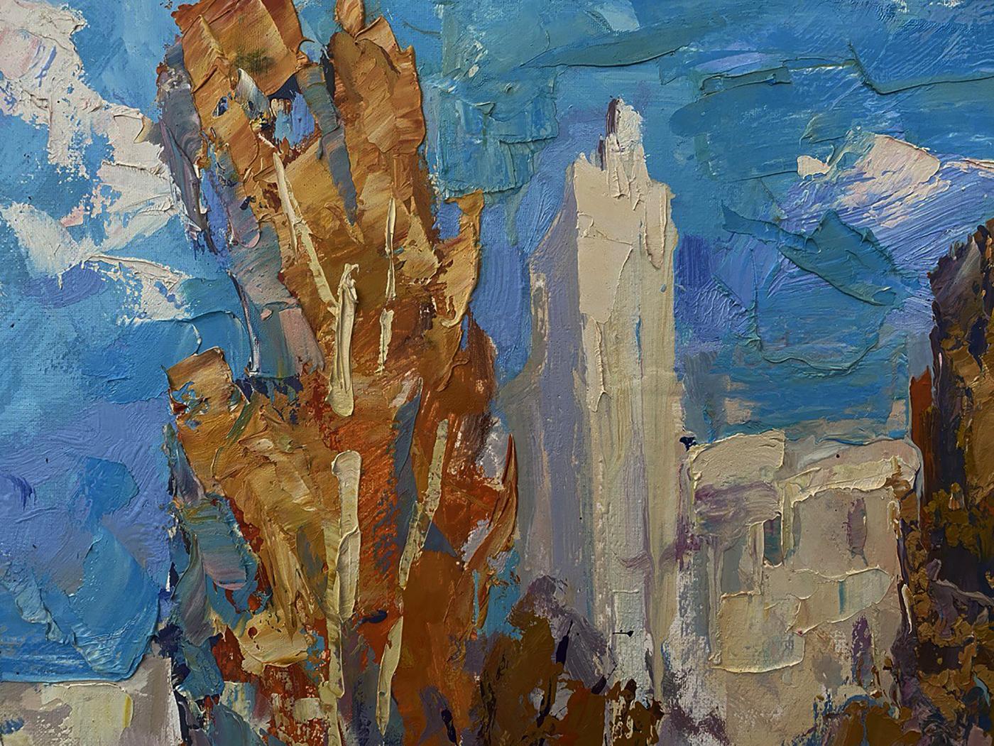 Oil painting At the Obelisk by Oksana Ivanyuk with towering rock formations