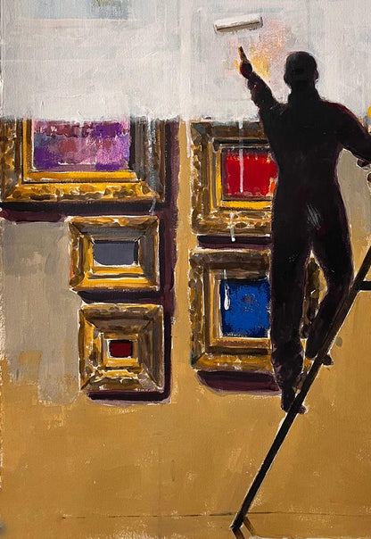 Silhouetted figure on ladder painting Juan Angel Gonzalez de la Calle artwork