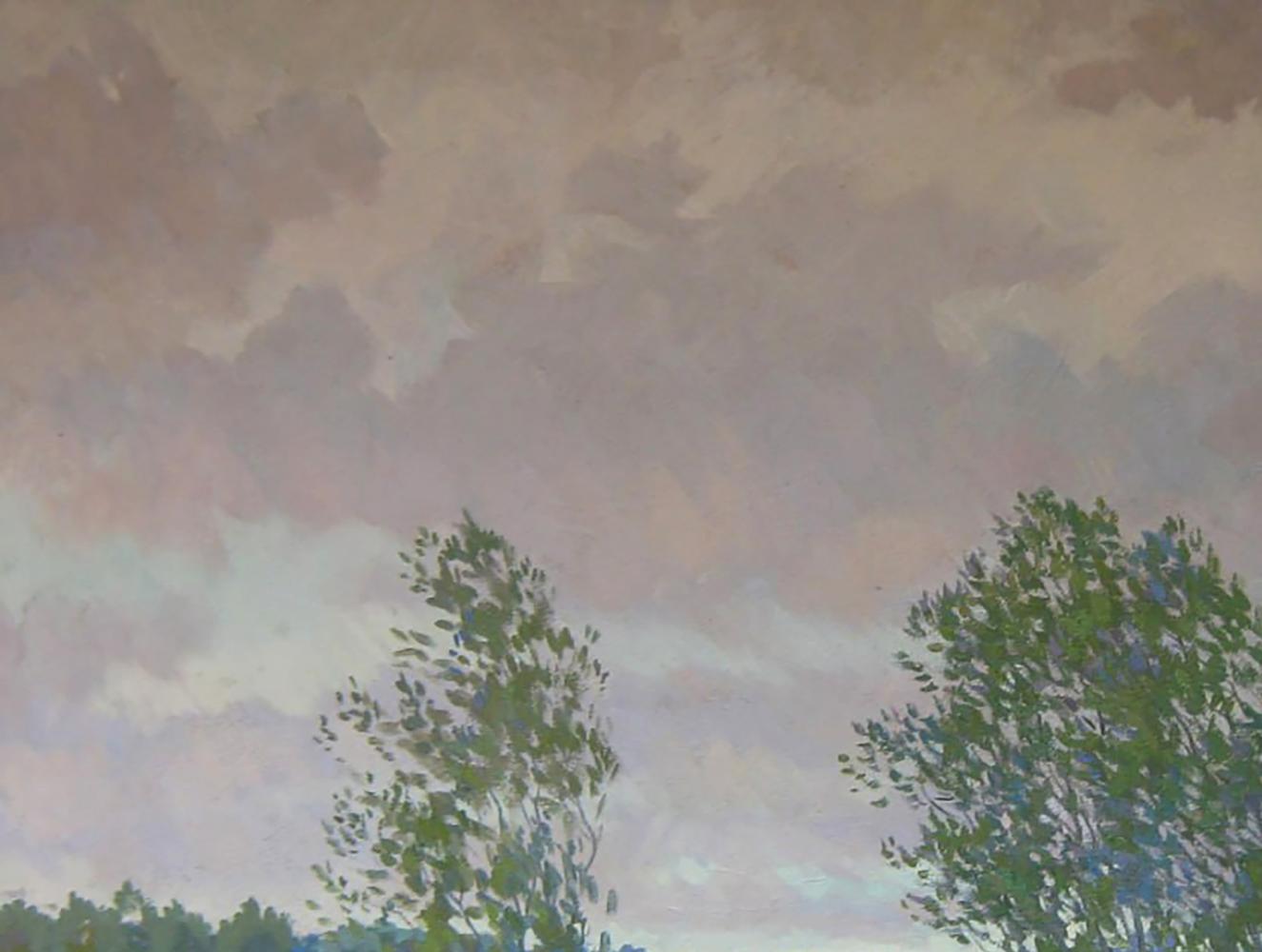 Oil painting Evening wind in the forest by Valery Savenets with pink-gray sky