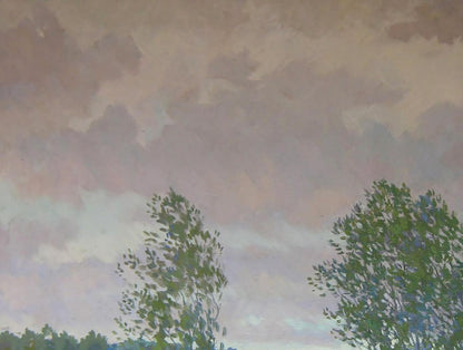 Oil painting Evening wind in the forest by Valery Savenets with pink-gray sky
