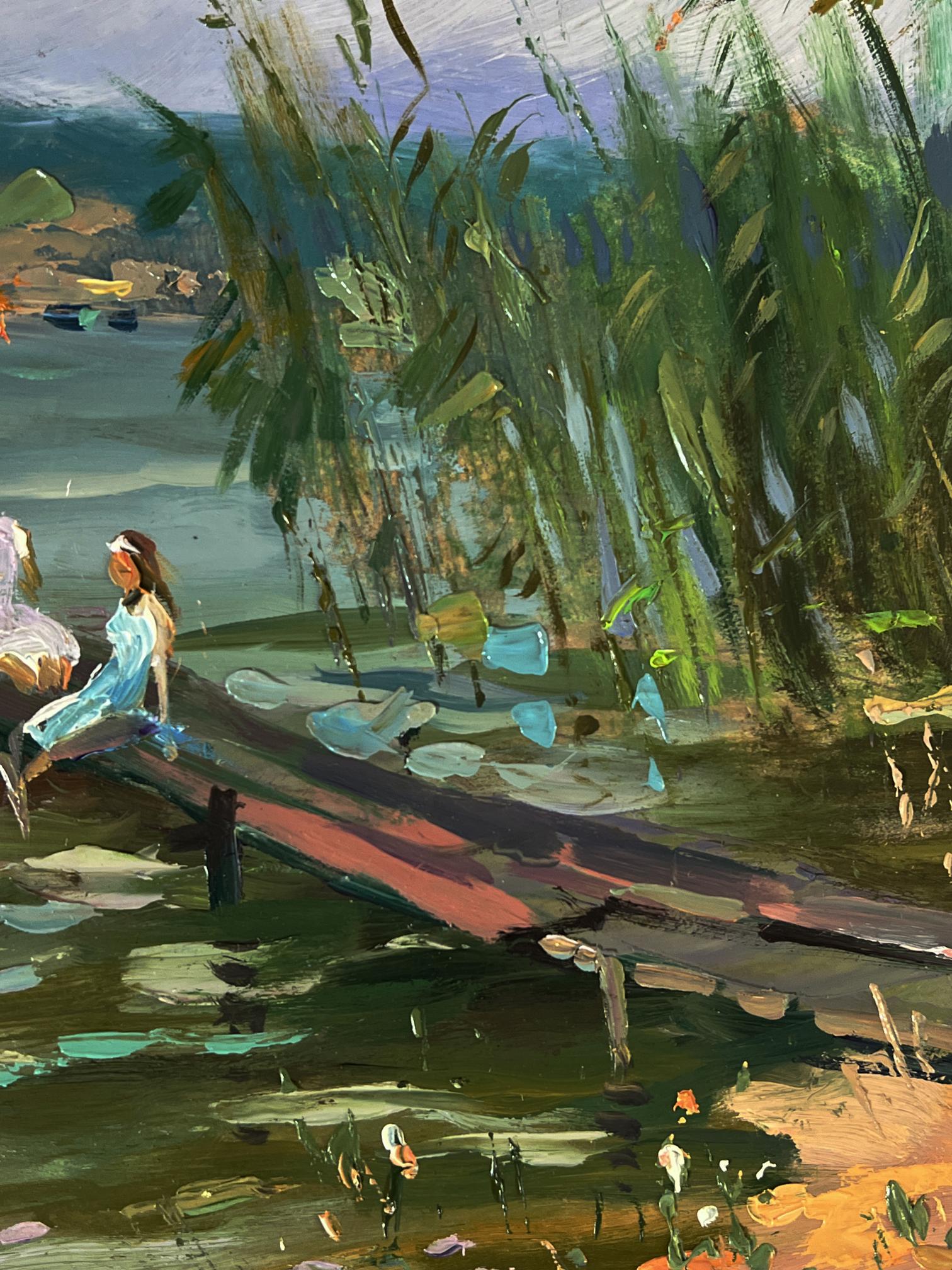 Oil painting by Yuriy Suprunchuk: girl in blue dress on dock by river reeds