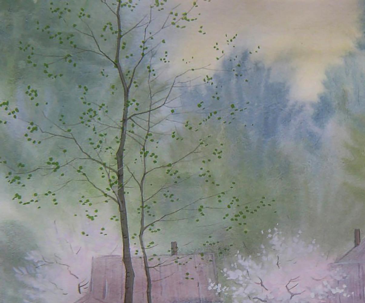 Watercolor painting of slender tree in spring village by Valery Savenets
