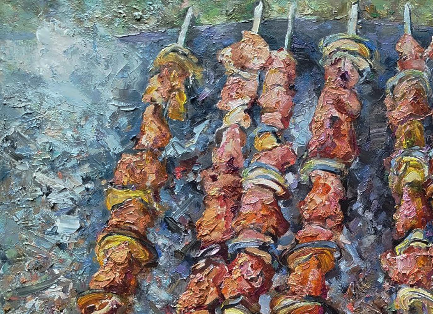 Oil painting of grilled beef and yellow vegetable skewers by Leonid Pavlenko