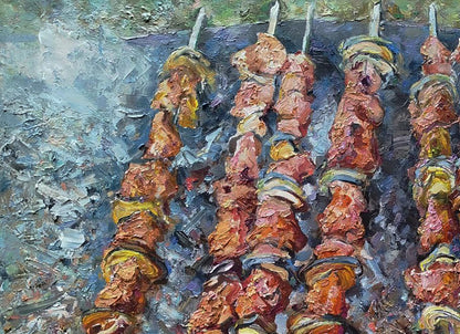Oil painting of grilled beef and yellow vegetable skewers by Leonid Pavlenko