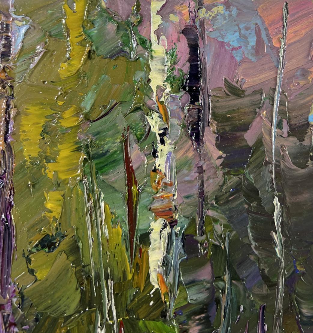 Oil painting Winter fairy tale in the forest by Boris Serdyuk, textured green yellow purple impasto