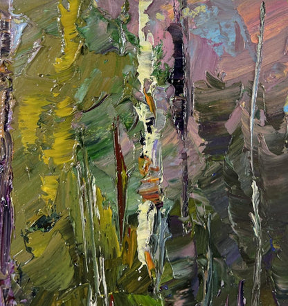 Oil painting Winter fairy tale in the forest by Boris Serdyuk, textured green yellow purple impasto