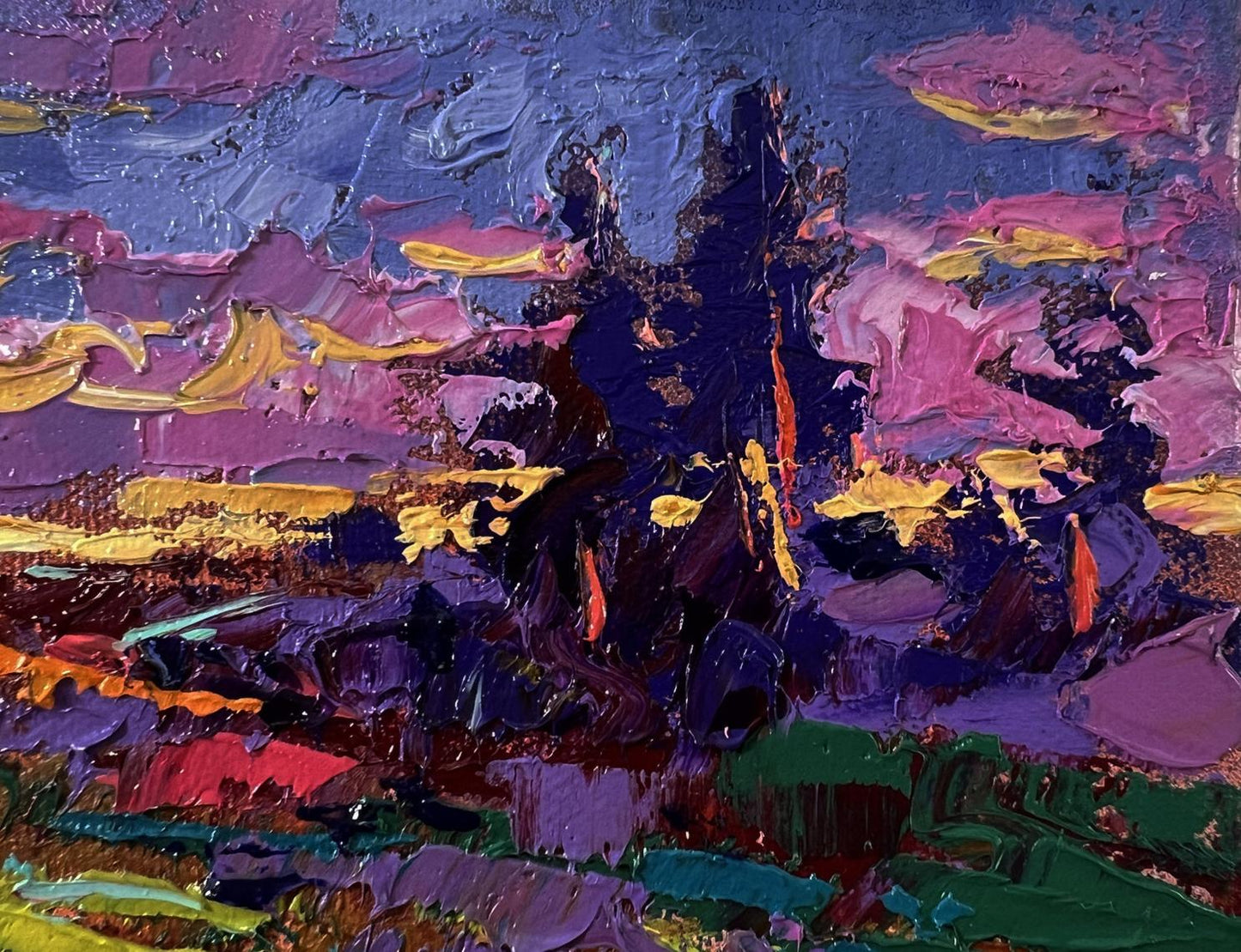Vibrant Oleksiy Ivanyuk oil painting Summer blue night with bold purple pink yellow green strokes on deep blue sky