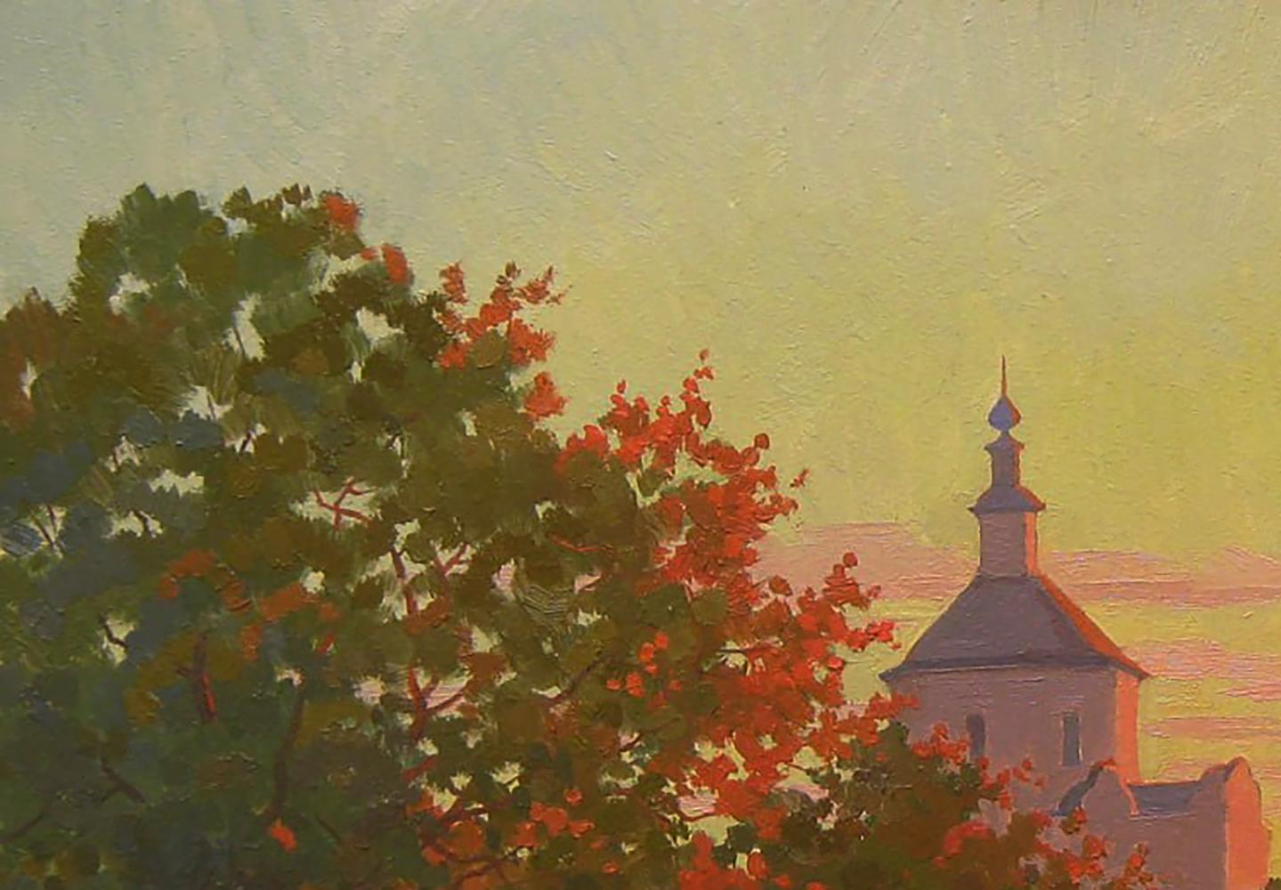 Oil painting of yellow sunset over church by Valery Savenets