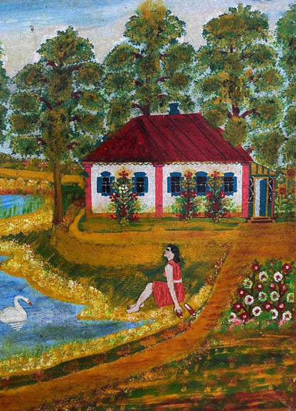 Oil painting of charming white house with red roof by soldier returning from duty