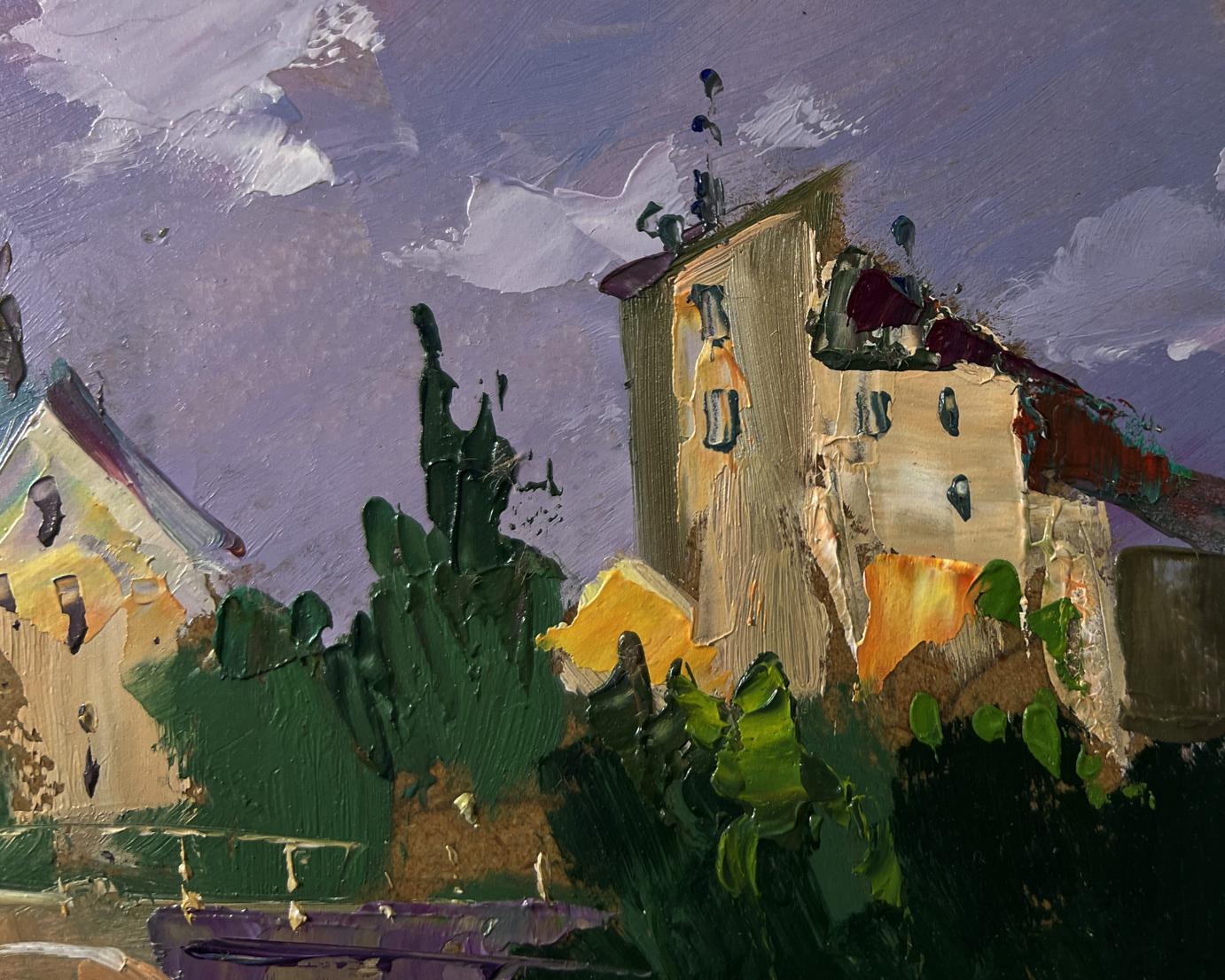 Textured oil painting of rustic village with city bridge by Yuriy Suprunchuk