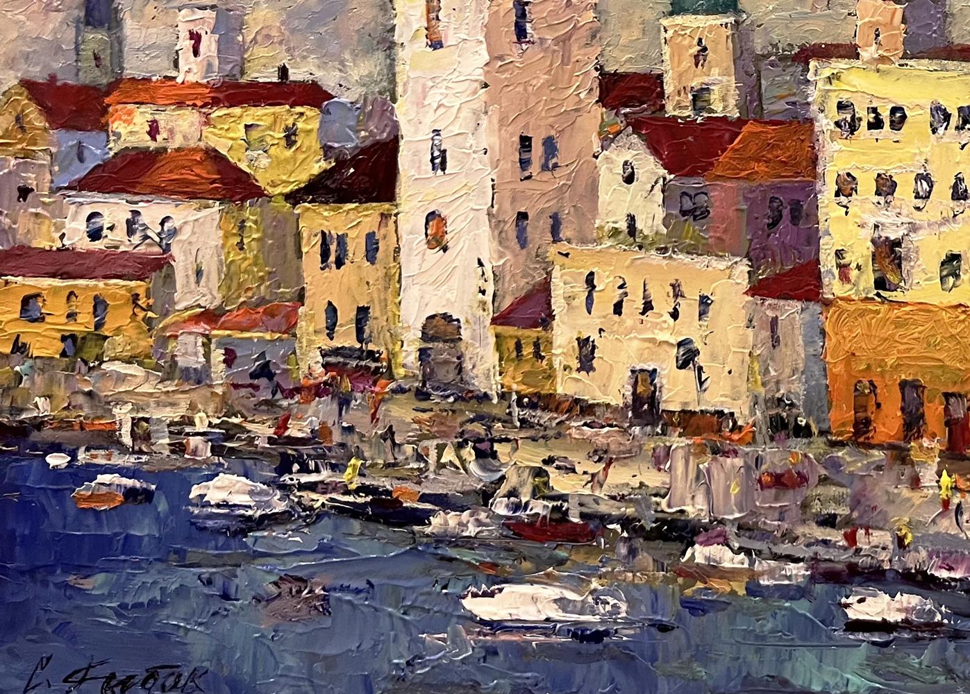 Vibrant impressionist oil painting by Serhiy Rybak of Italian coastal town