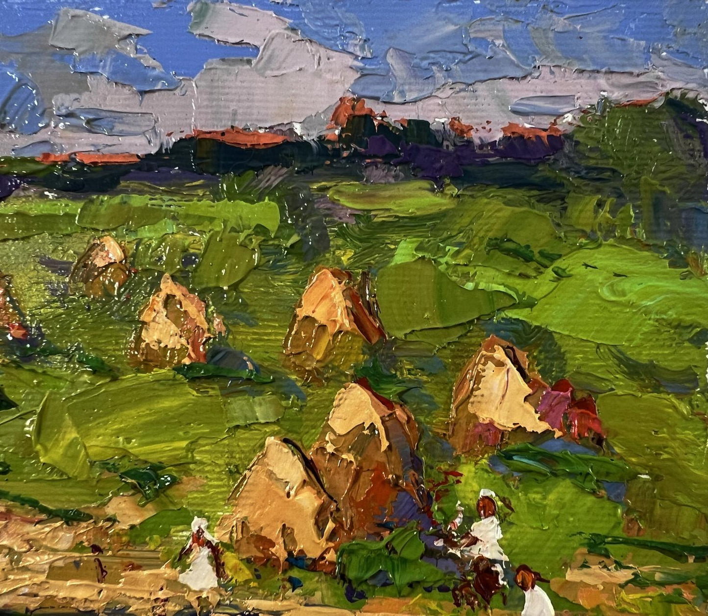 Vibrant impressionist oil painting Haystacks by the river by Oksana Ivanyuk