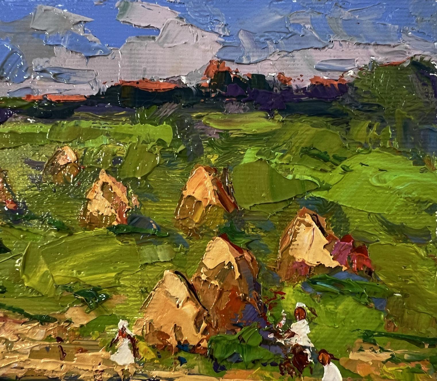 Vibrant impressionist oil painting Haystacks by the river by Oksana Ivanyuk