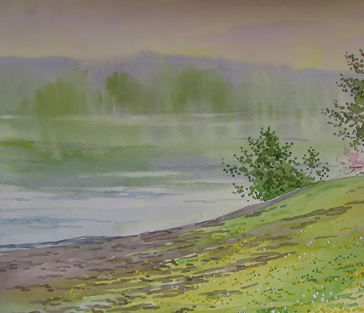 Watercolor painting of blooming trees by lakeshore by Valery Savenets