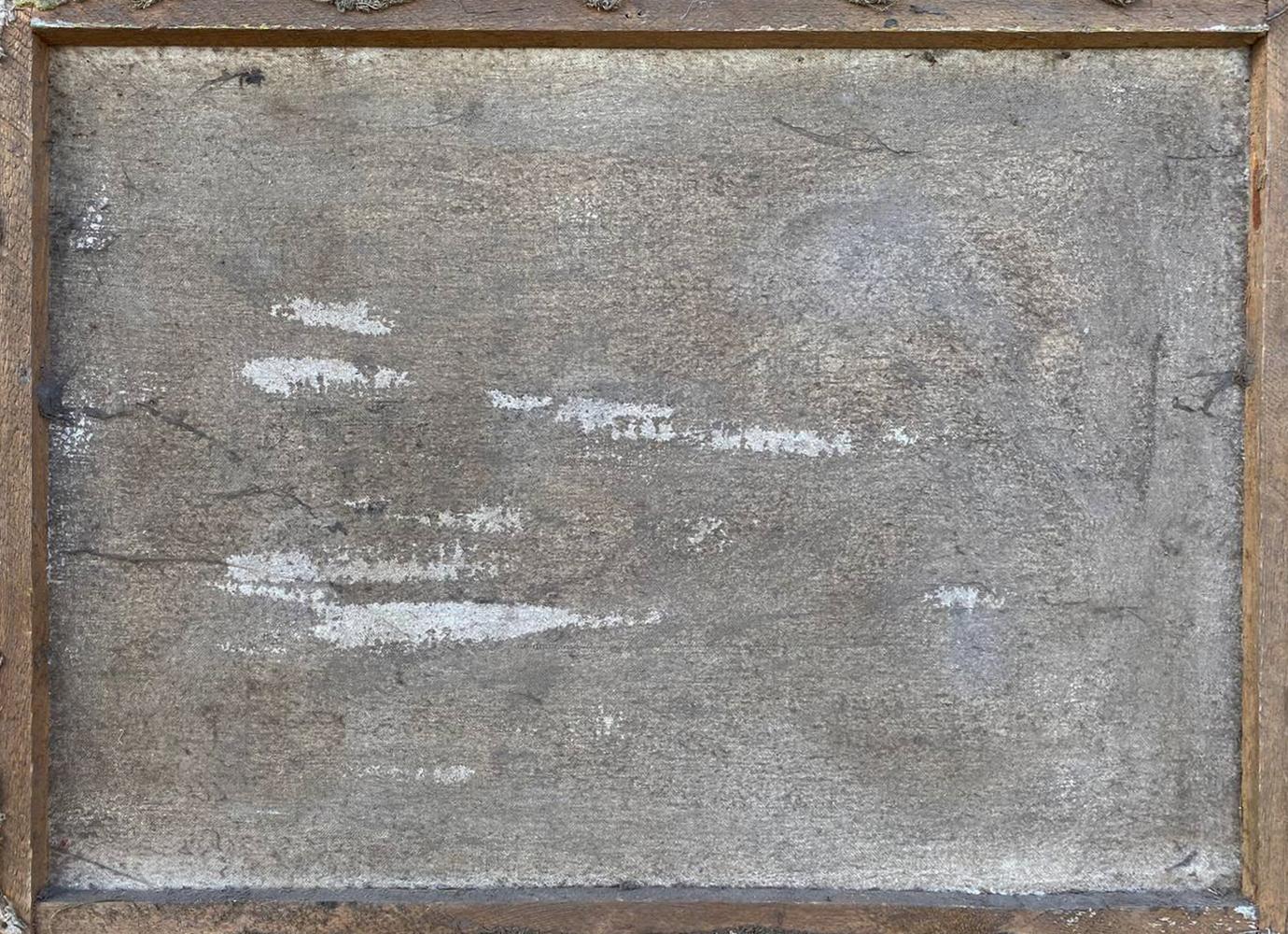 Weathered gray concrete slab in rustic wood frame, fisherman oil painting