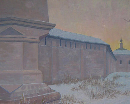 Oil painting Winter evening by Valery Savenets: stone tower in snow under orange sky