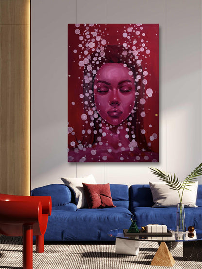 Oil painting Gravitation by Victoria Kagalovska: red abstract portrait on blue sofa